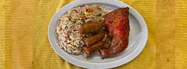 Crispy Chicken Leg Quarter, Shrimp-roll Over Fried Rice